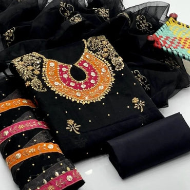 Organza 3-Piece Suit for Women | Unstitched Handmade Aari Zari & Beads Work