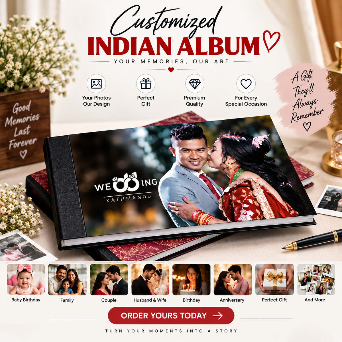 Customized Indian Album ❤️ | Personalized Photo Album for Couples, Family, Baby Birthday, Husband & Wife | Perfect Gift