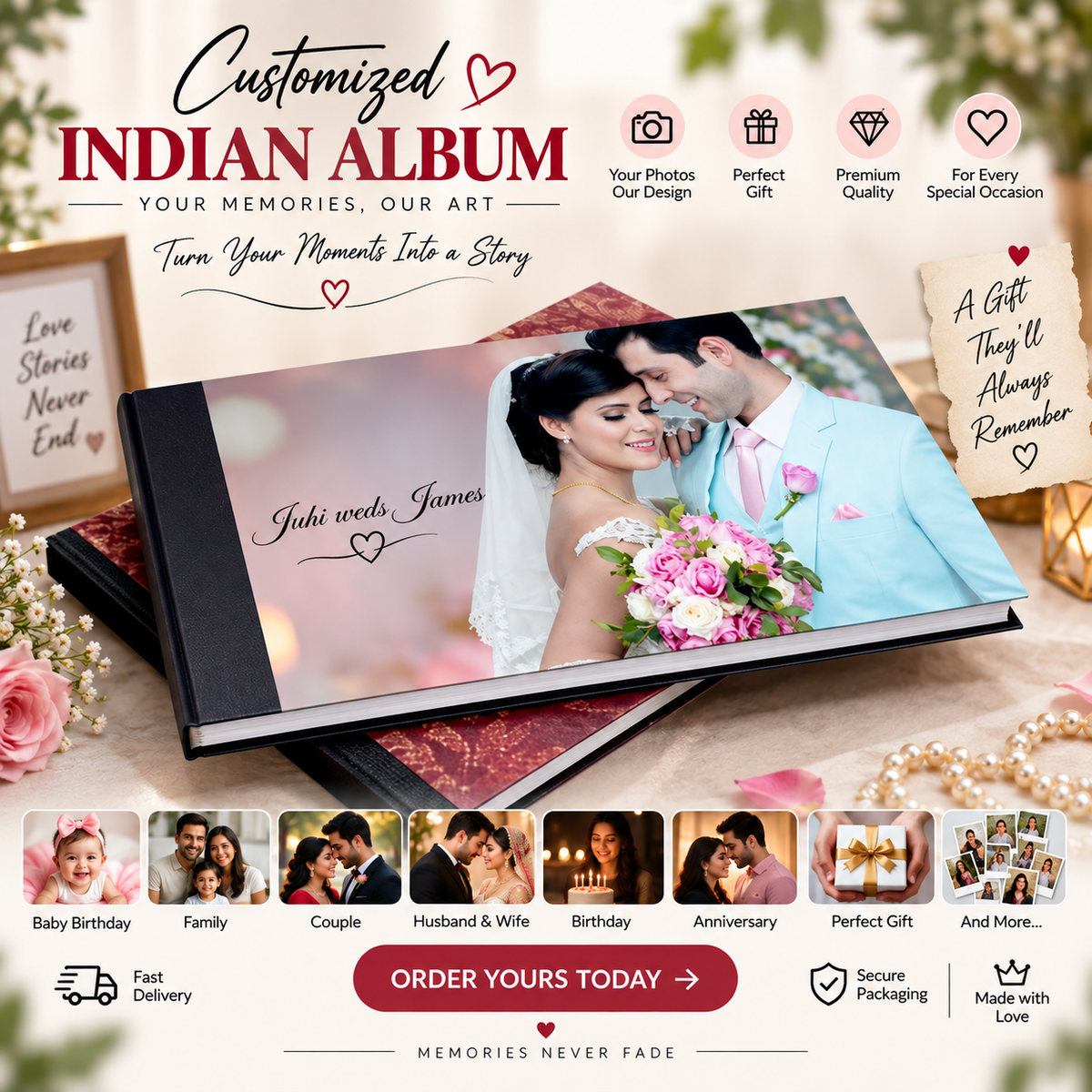 Customized Indian Album ❤️ | Personalized Photo Album for Couples, Family, Baby Birthday, Husband & Wife | Perfect Gift