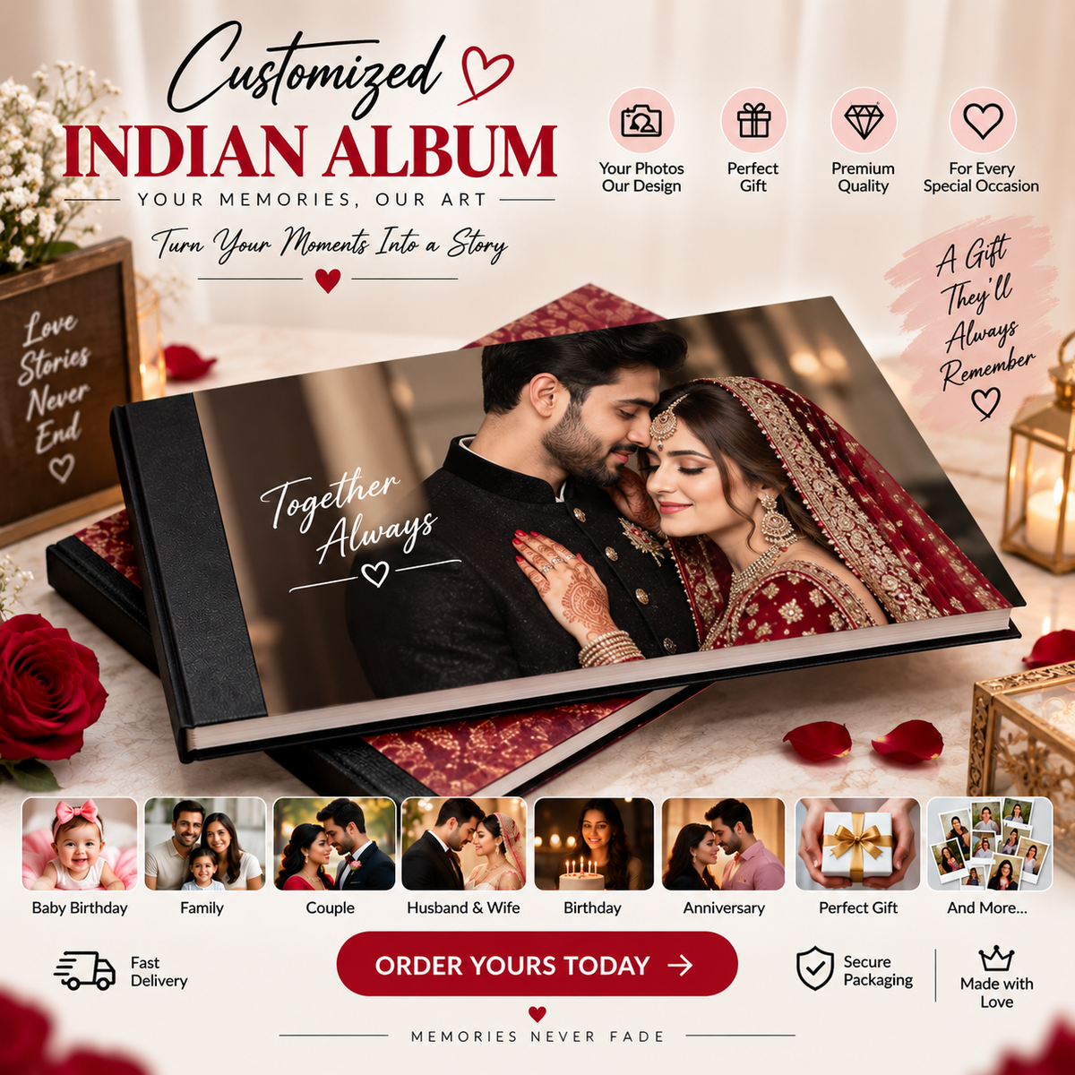 Customized Indian Album ❤️ | Personalized Photo Album for Couples, Family, Baby Birthday, Husband & Wife | Perfect Gift
