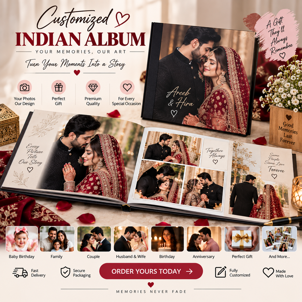 Customized Indian Album ❤️ | Personalized Photo Album for Couples, Family, Baby Birthday, Husband & Wife | Perfect Gift